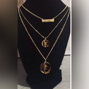 Nine West Gold Triple Layered Necklace with Cheetah Animal Print pendant